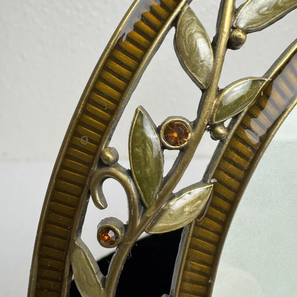 NWOT Elegant Olive Enamel Ambre Stones Oval Metal Picture Frame